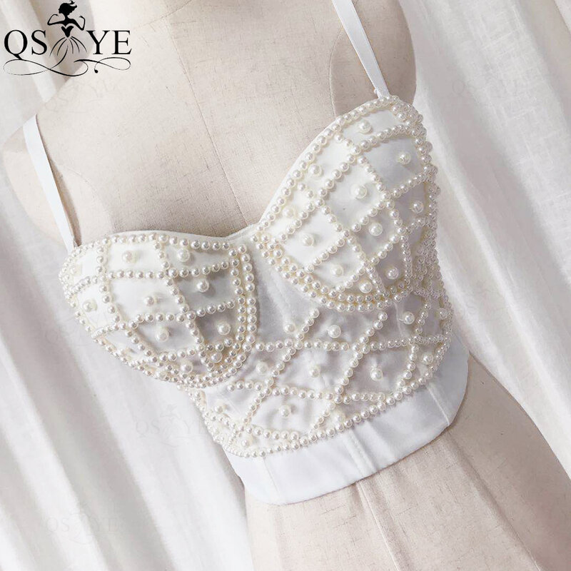 Sexy White Pearls Bridal Top Dress Wedding Luxury Sweetheart Mesh Stitching Crop Top Nightclub Navel Bridal Gown Plus Size