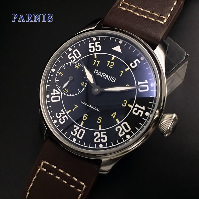 Parnis 44มม.Mechanical นาฬิกาข้อมือสำหรับผู้ชาย Hand Winding นาฬิกาผู้ชาย ST3600สายหนังผู้ชายนาฬิกาของขวัญสุดหรูยี่ห้อ