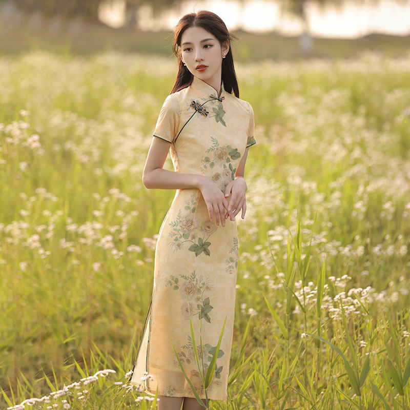 Robe Cheongsam traditionnelle chinoise à imprimé floral pour femmes, col montant, manches courtes, élégante, rétro, grande taille, Qipao