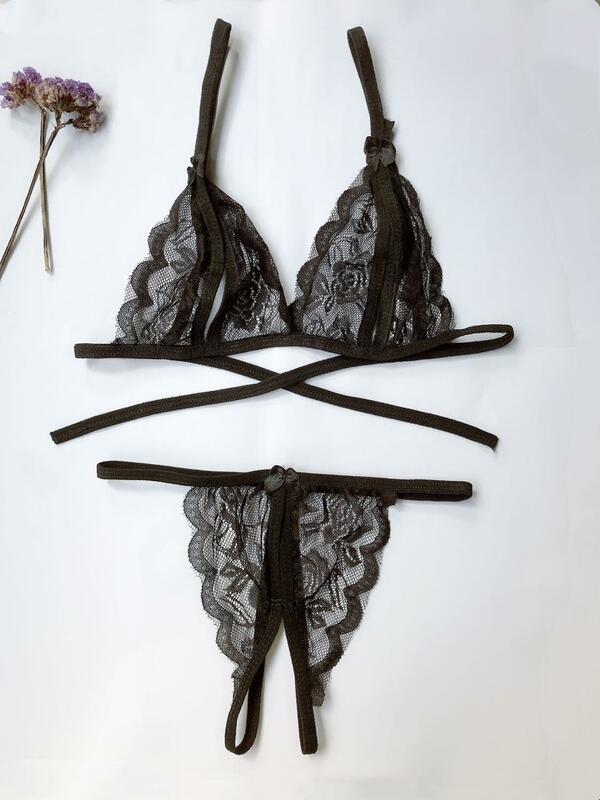 Lace Strappy Push Up Bra Set para Mulheres, Lingerie Erótica, Wire Free Underwear, Sexy Bralette