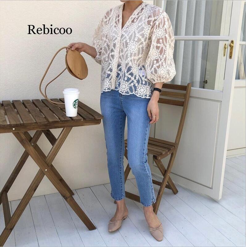 Rebicoo V-neck Women Shirt Wild Fashion Casual Lace Embroidered Blouses and Tops Female Summer and Spring New  Shirts