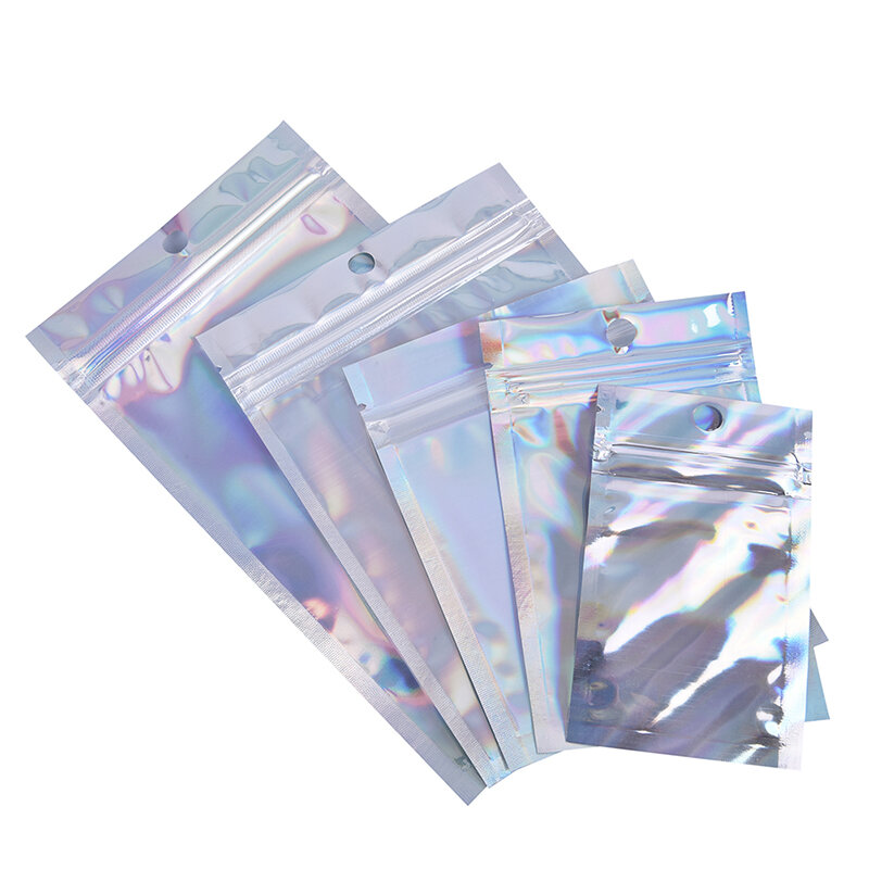 Bolsas de zíper holográficas, bolsas plásticas com zíper holográfico tipo laser para cosméticos, sacos para presente com fechamento automático, 10 peças