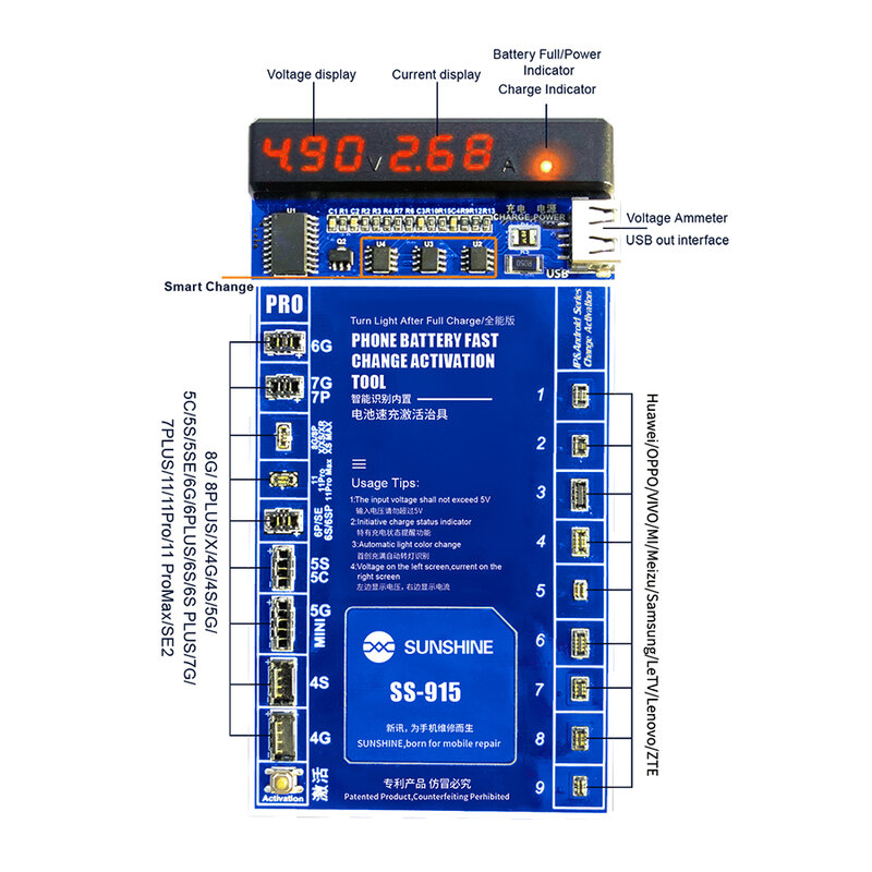 최신 선샤인 SS-915 범용 배터리 활성화 보드 12 12pro 11Pro Max Huawei VOVI 활성화 모바일 충전 2A