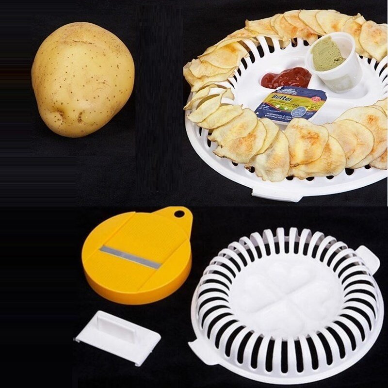 เตาอบไมโครเวฟไขมัน Potato Chips Maker Apple ผลไม้มันฝรั่งกรอบชิปเครื่องตัดเครื่องทำขนม DIY ชุดถาดอุปกรณ์ที่ใช้ในครัวสีสุ่ม