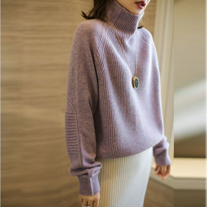 Женский кашемировый свитер с высоким воротом, Свободный пуловер из 100%-ной шерсти, вязаный свитер большого размера на осень и зиму