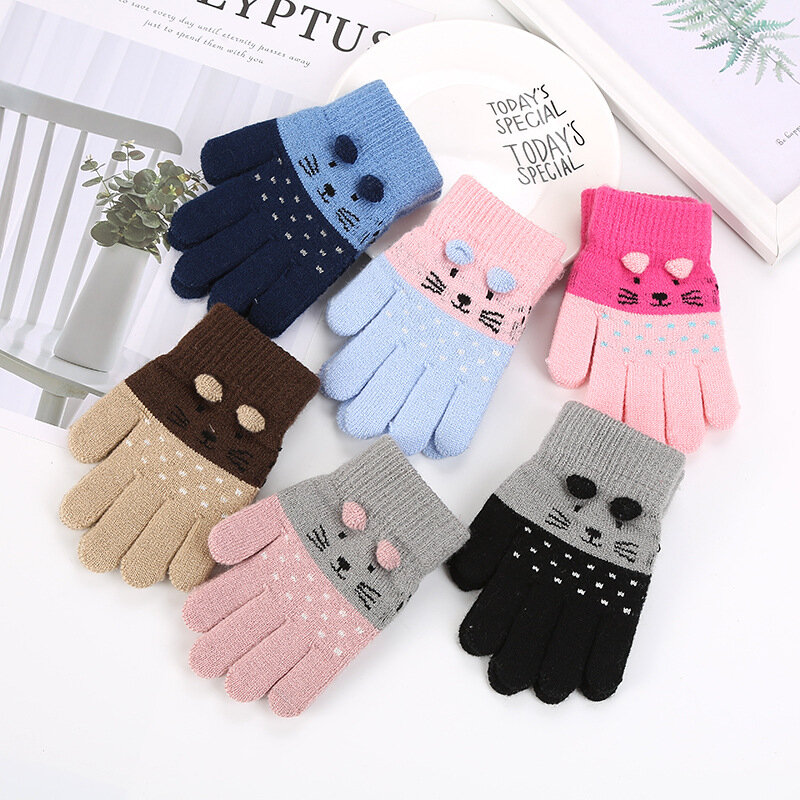 Милые перчатки с мультяшным котом для девочек, зимние плотные вязаные варежки для новорожденных мальчиков и детей, теплые перчатки с пальцами для детей 3-7 лет