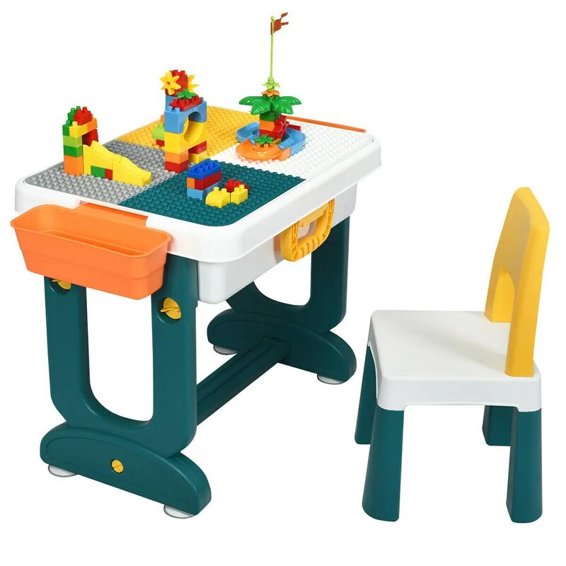 Juego de mesa de actividades 5 en 1 para niños con silla, equipaje para niños pequeños, mesa de bloques de construcción