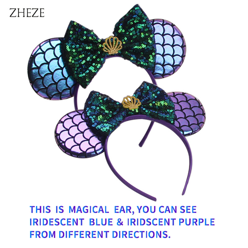 Diadema con orejas de ratón de sirena para niña y niño, diadema de estrella de mar con purpurina, lazo para el pelo de 5 ", accesorios para el cabello para fiesta, novedad de 2024