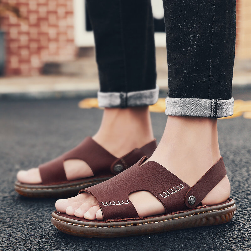 Grote Maat 46 Mannen Sandalen Comfort Echt Lederen Sandalen Zomer Kwaliteit Strand Slippers Casual Schoenen Outdoor Strand Schoenen