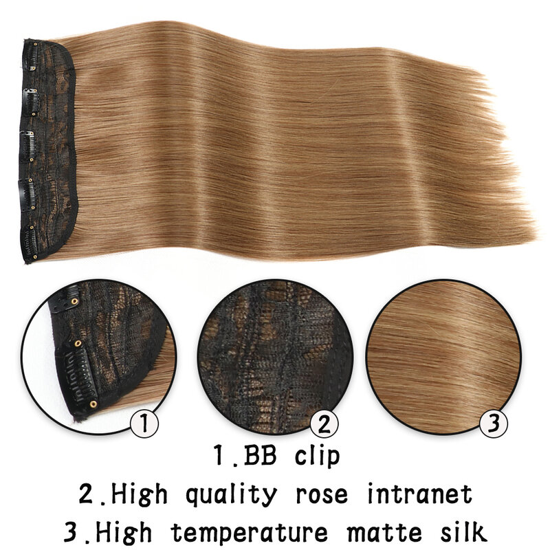 Extensión de cabello sintético largo y liso, 5 Clips, color rubio, marrón y negro, resistente al calor