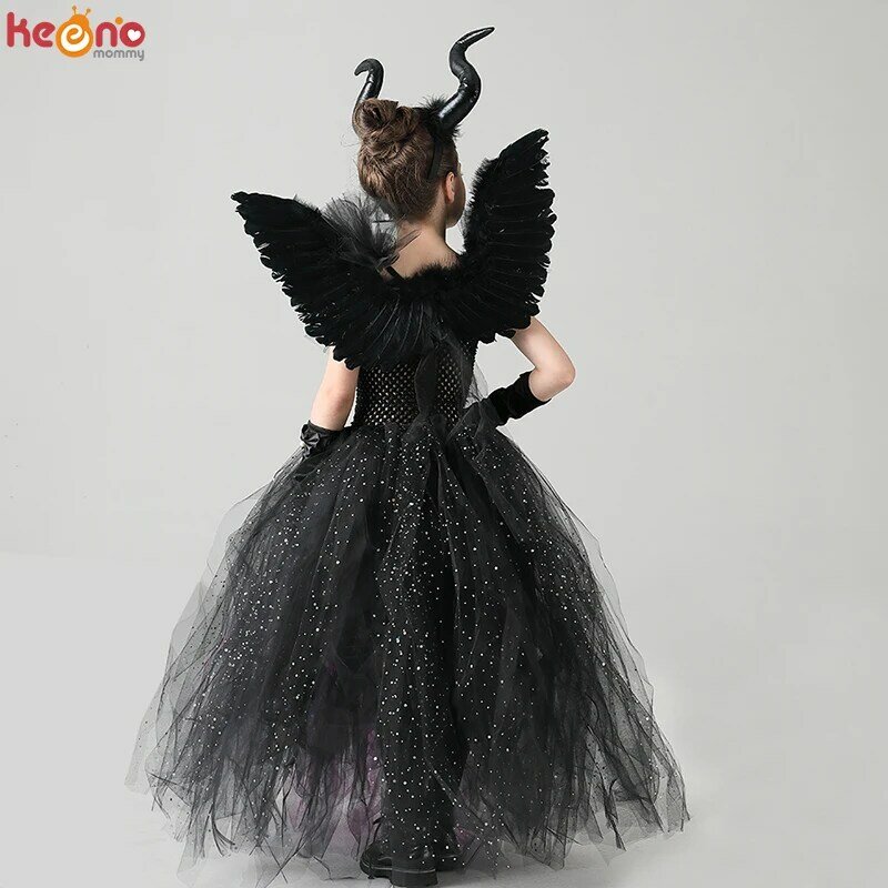 Disfraz de bruja de hada oscura para niñas, vestido de tutú de fantasía con ala de cuerno, brillante, disfraz de Halloween