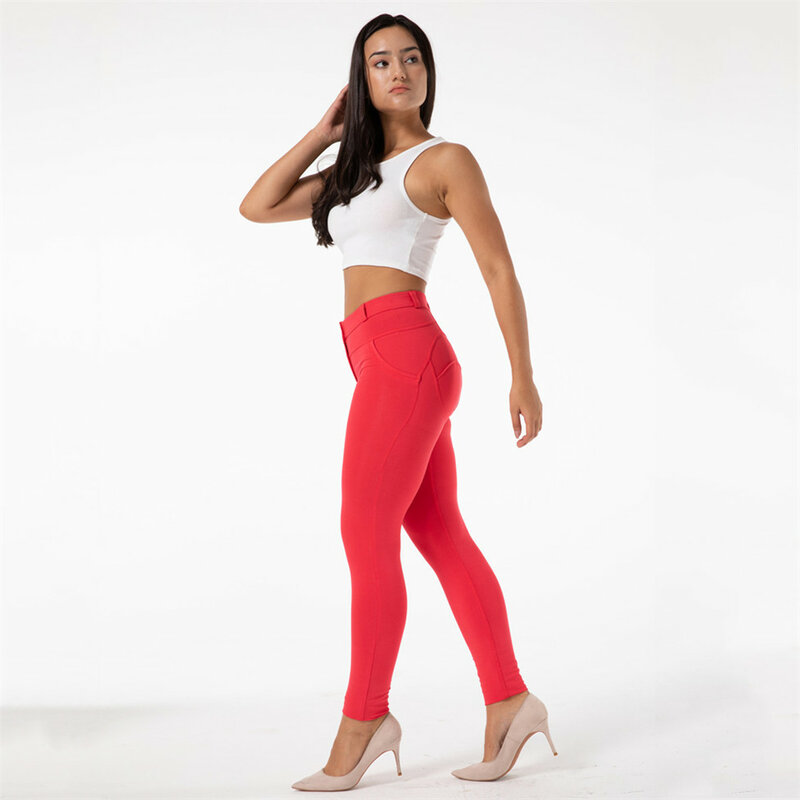 Melody Red Skinny Jeggings Cotton Female Workout Jegging Mid Waist Tights Bum Lift Pants Women's Clothing