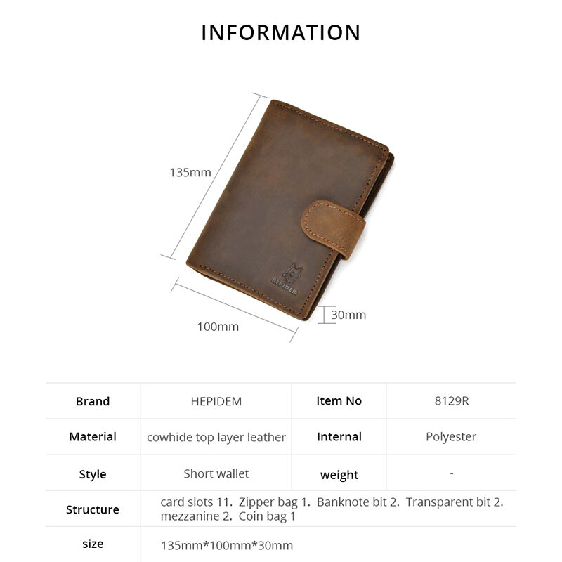 HEPIDEM-cartera de cuero auténtico para hombre, billetera delgada de alta calidad, RFID, 2020, 8129