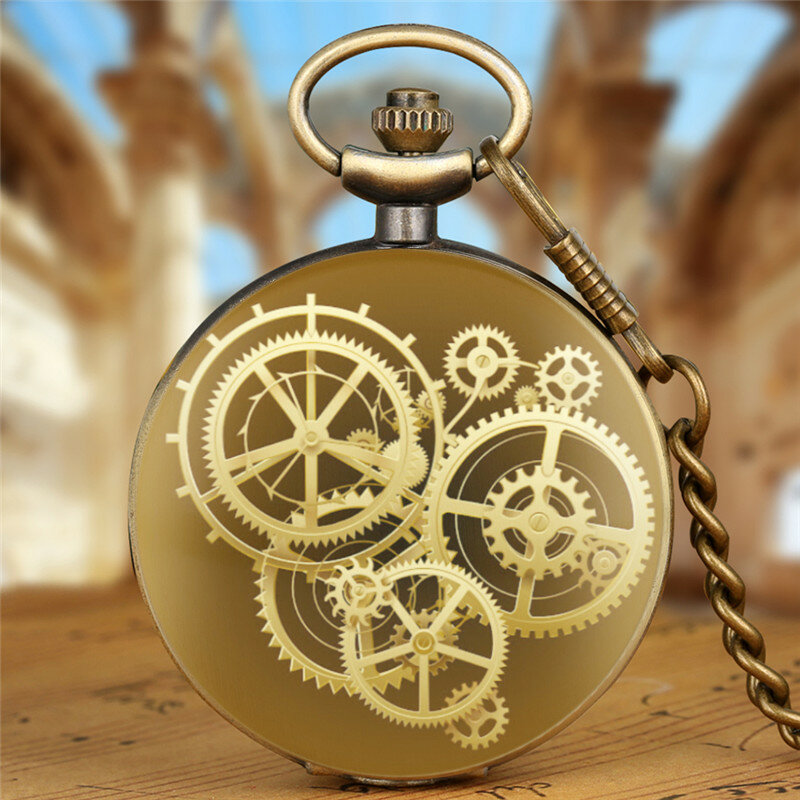 Reloj de bolsillo Steampunk con diseño de engranajes, relojes de bolsillo de cuarzo Vintage con cadena colgante, reloj personalizado