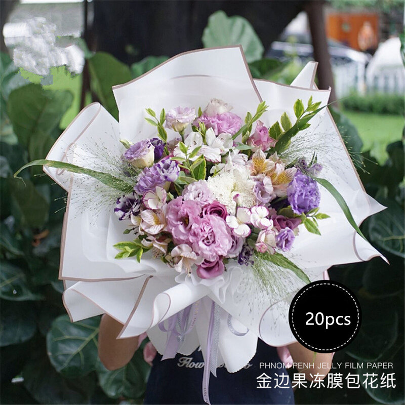 Papel de embrulho flor rosa, estilo coreano, meio transparente, embrulhar presente, florista buquê papel de embrulho, borda dourada, 20 unidades por pacote