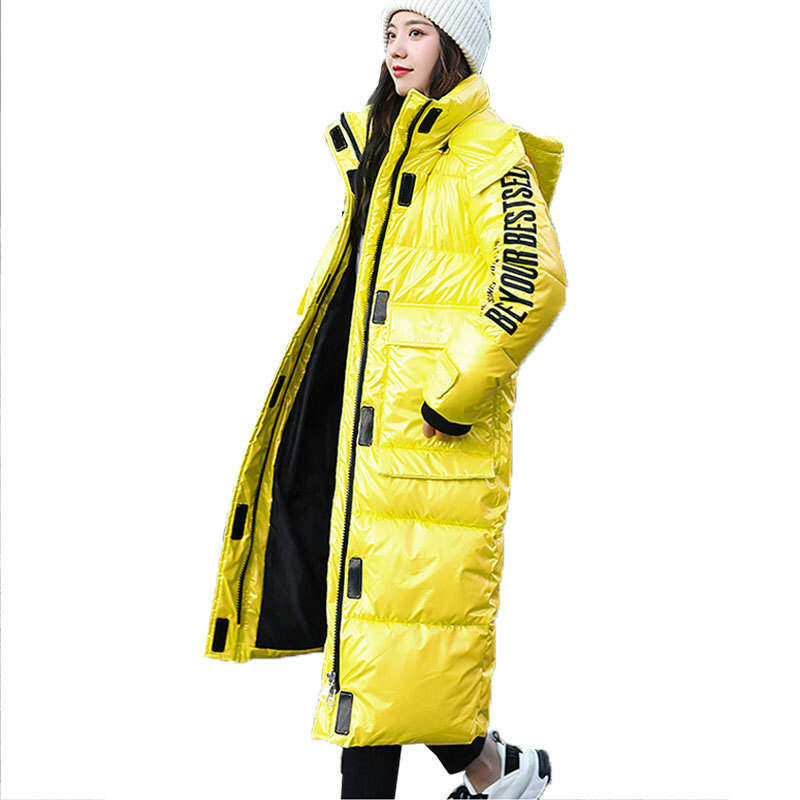 Casaco de inverno feminino 2023 nova jaqueta de inverno com capuz preto longo para baixo jaqueta de algodão solto quente brilhante casaco de neve parka feminino