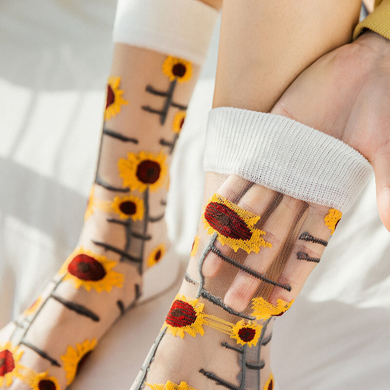 Calcetines Harajuku de seda de cristal para mujer, medias divertidas de girasoles, vides y flores, calcetines casuales de alta calidad, novedad, nuevo producto