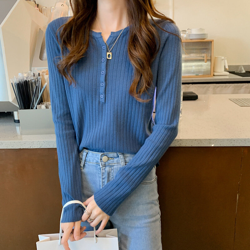 Swetry damskie przycisk Trendy Ins odzież obcisła śliczny sweter wiosna nowy jednolity, w stylu Basic Casual Sueter Mujer bluzy Harajuku Student