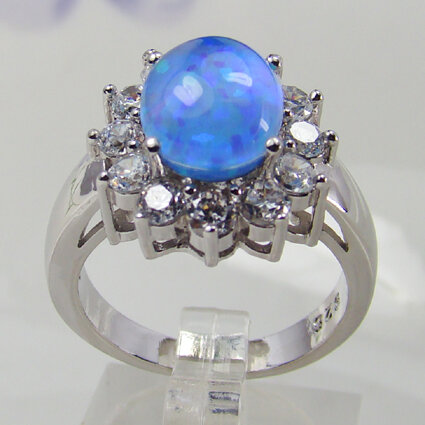 Women Brass Oval Simulated Blue Opal Ladies Ring Band