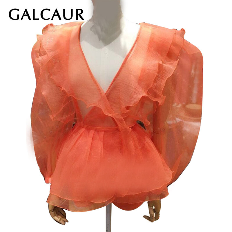GALCAUR Perspective Shirts For Women V Neck Puff Long Sleeve Bandage Tunic Kowknot Blouses Female Casual Clothes 2020 Autumn New
