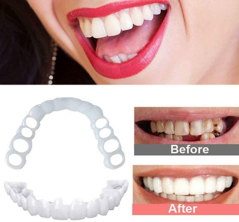 2 sztuk idealne dopasowanie wybielanie zębów fałszywe zębów pokrywa Snap na silikonowe uśmiech forniry zęby górny przyrząd kosmetyczny zęby kosmetyczne
