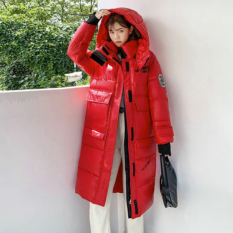 2022 후드 패딩 겨울 자켓 여성 파카 패션 글로시 다운 코튼 코트 중간 길이 겉옷 느슨한 따뜻한 여성의 하이버