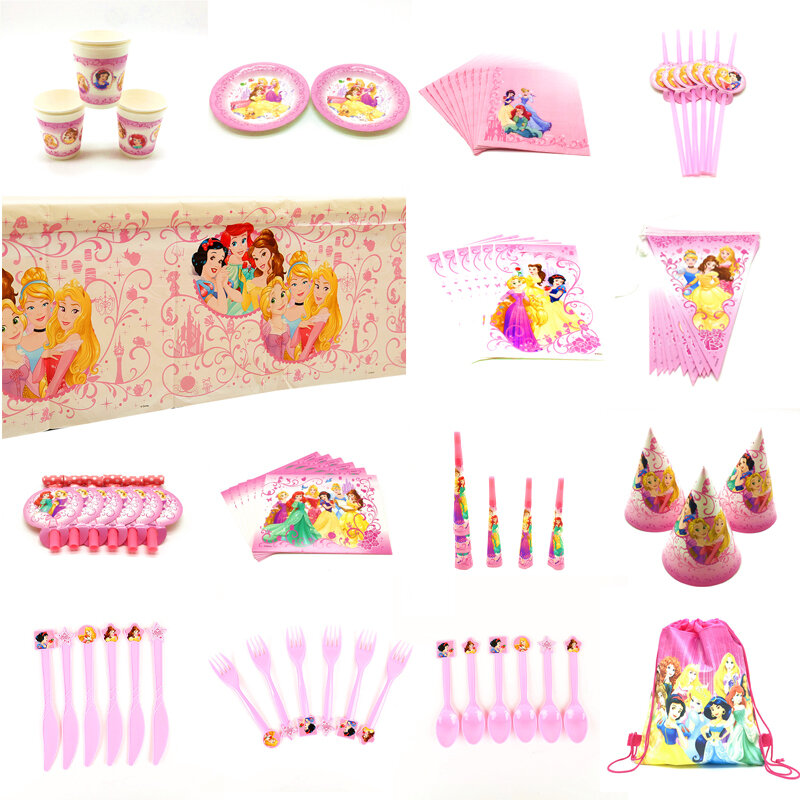 ديزني ستة الأميرة سلسلة سنو وايت سندريلا أورورا حسناء حفلة عيد ميلاد ديكور الفتيات مجموعة أدوات المائدة بالون لوازم