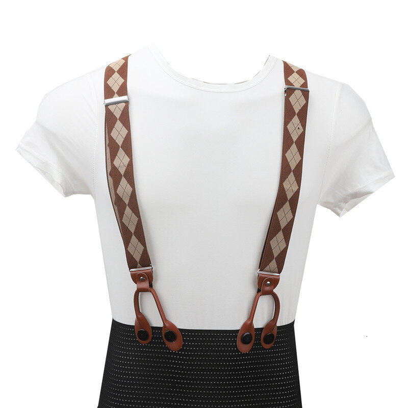 Unisex Vintage Suspender Pria Kawat Gigi Adjustable 6 Tombol Suspender Elastis Y Bentuk Tali Celana Panjang Coklat Kulit PU