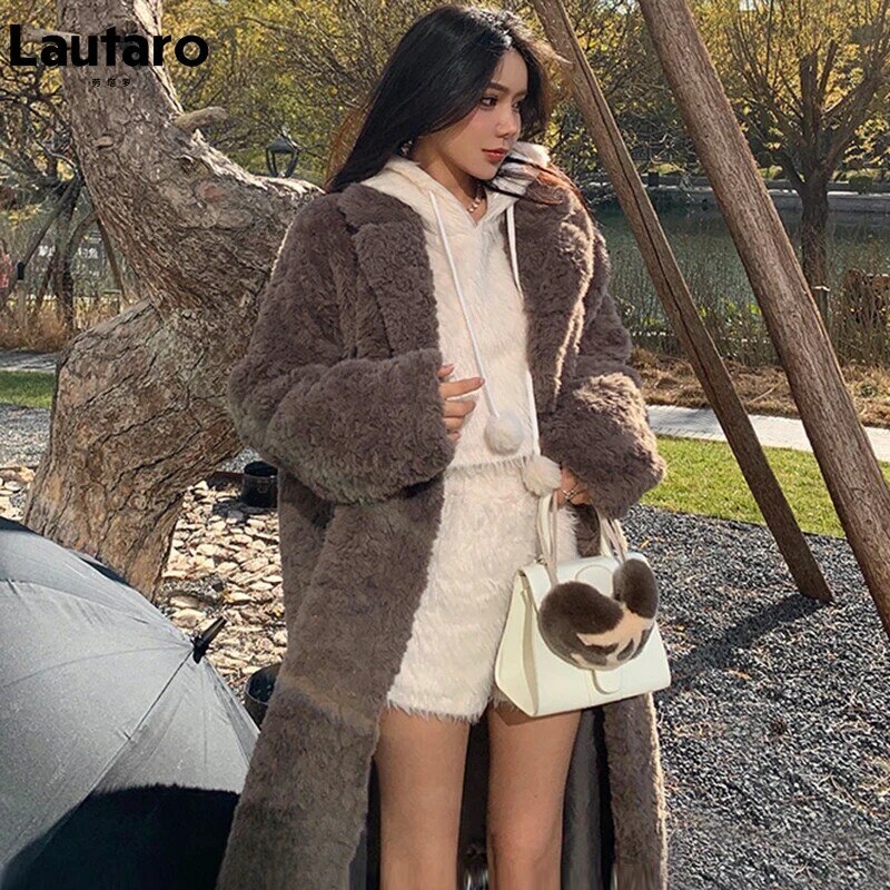 Lautaro casaco de pele sintética feminino, casaco longo e felpudo, quente e grosso, de luxo com lapela, moda coreana 2021