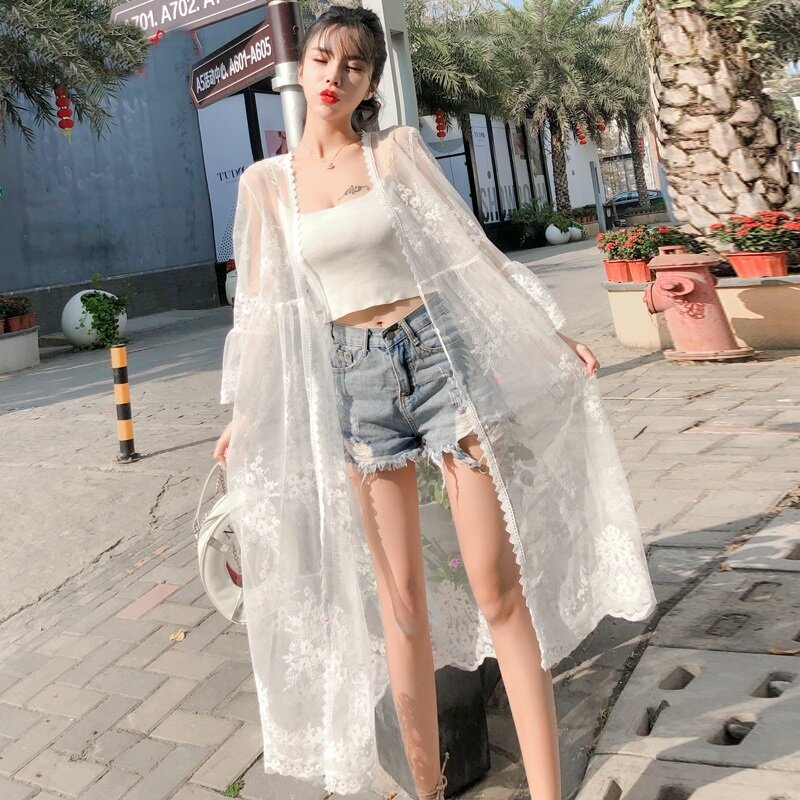 Boho-기모노 팜므 롱 카디건 여성용, 투명 여름 레이스 가디건, 한국 패션, 여성 의류, 여름 2020 DD2513