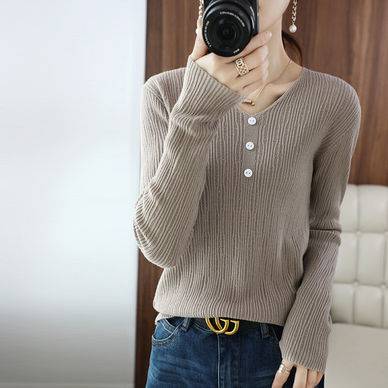Jersey de punto de manga larga para mujer, jersey con cuello en V, corto, suelto, con botones, otoño e invierno, Nueva Versión coreana, 021