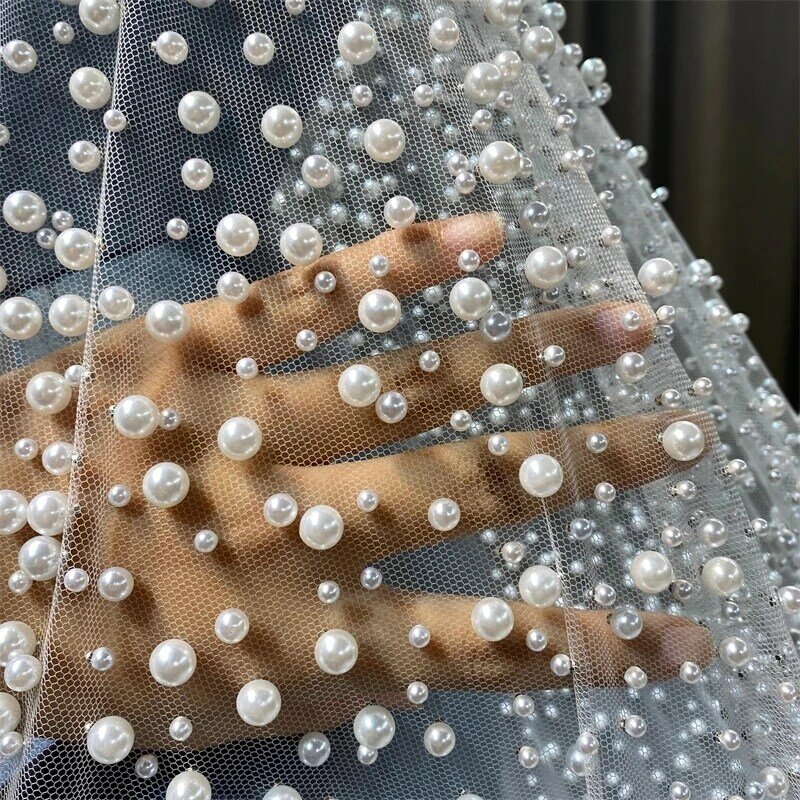 YouLaPan-velo de novia de lujo V139, velo de novia con perlas de 1 nivel, largo, con diferentes tamaños de perlas, cuentas de uñas delicadas Veu
