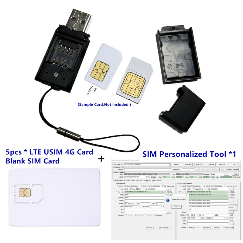 LTE ICCID IMSI SIM 카드 리더, 쓰기 프로그래머, 2FF, 3FF, 4FF, 2G, 3G, 4G 쓰기 가능 SIM, 5 개 SIM 빈 카드, SIM 개인화 도구