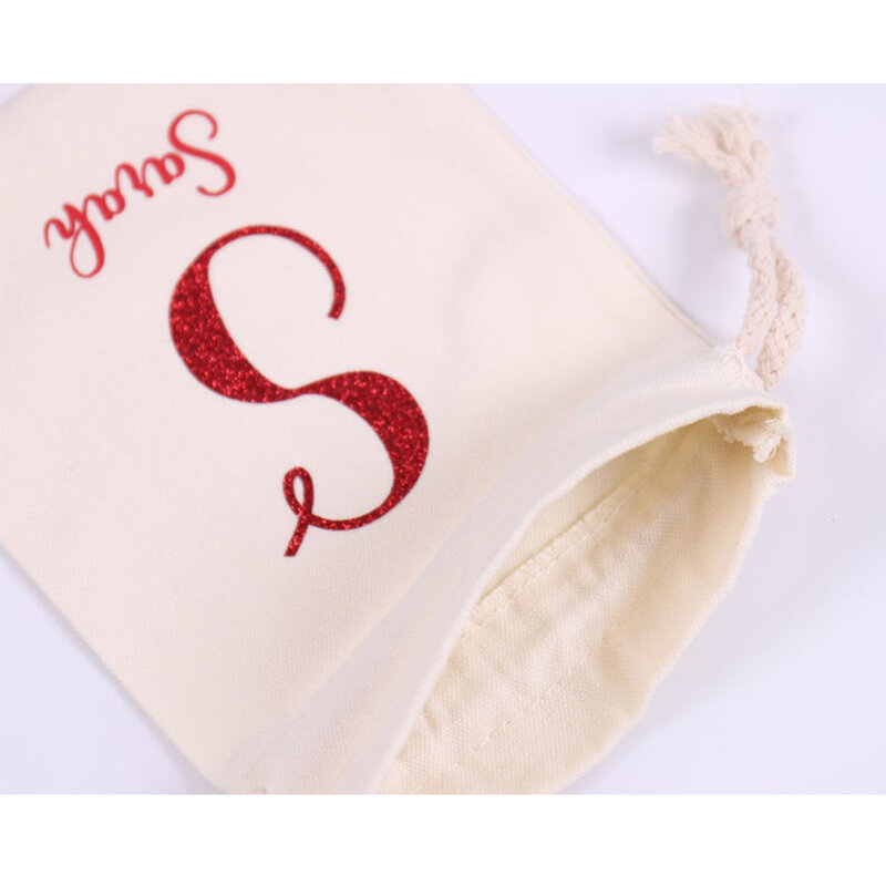 Brokat czerwony tekst spersonalizowane boże narodzenie płótno ozdobne torba ze sznurkiem nazwa własna noworoczny prezent torby świąteczne worek do przechowywania