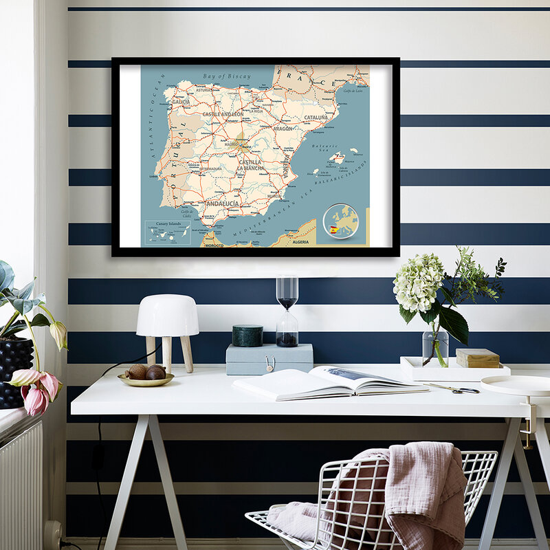 Pintura en lienzo con mapa de España en español, póster moderno para pared, decoración del hogar para sala de estar, suministros escolares para niños, regalo de viaje, 90x60cm
