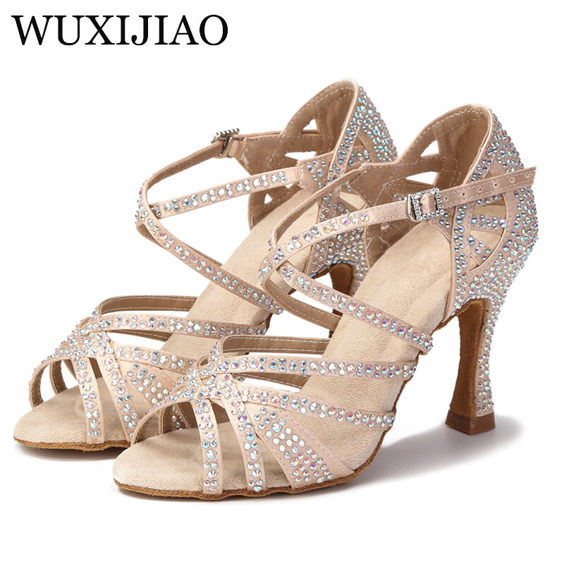 Zapatos de baile latino para mujer, calzado de satén de seda brillante con diamantes de imitación, tacones altos cubanos de 9 cm, zapatos de baile de salsa