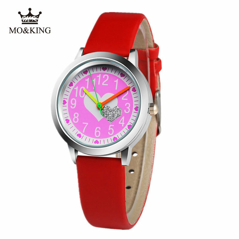Gorąca sprzedaż słodkie dziecko zegarki Casual fioletowy błyszczące miłość skóra Quartz zegar chłopcy dziewczęta zegarki dla dzieci chłopcy z lekkich zegarków