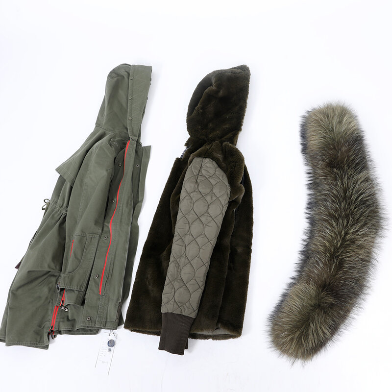 Mmaomaokong-本物の毛皮のコート,本物のアライグマの毛の襟,長くてルーズな緑の毛皮のジャケット,冬のファッション2021