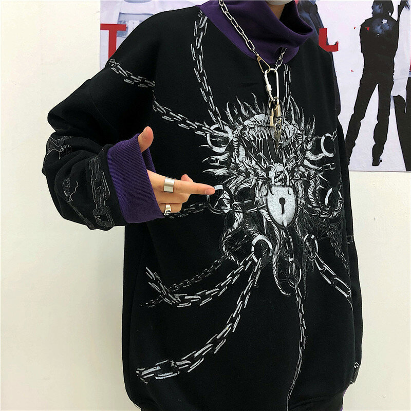 2021 męska nowa bluza z golfem bluzka typu Oversized Winter para sweter Harajuku czarna gotycka bluza z kapturem modna, patchworka z kapturem