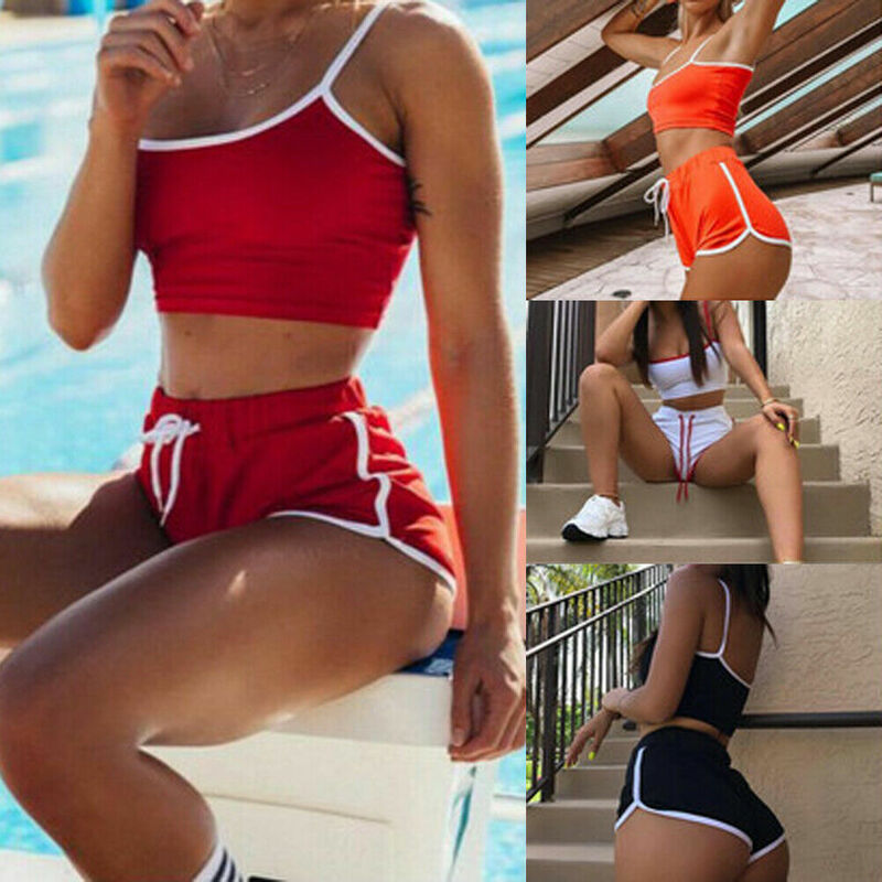 Fashion Hot Women Sexy Suit Workout Sports String Vest Shorts Sets Outfit Ladies Running Sport Gym Clothes Set
