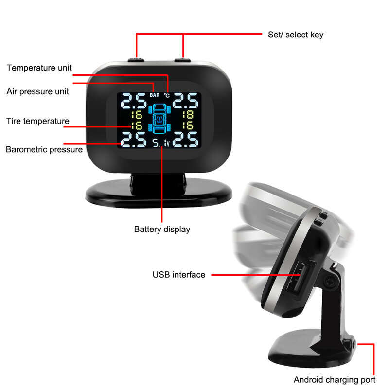 미니 USB TPMS 무선 자동차 타이어 압력 모니터링 시스템, LCD 디스플레이, 4 개의 외부 센서, 자동 보안 경보 시스템