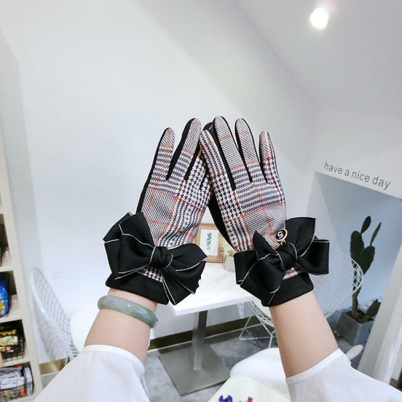 Koreanische Version der Gitter Bogen Wildleder Weibliche Herbst und Winter Plus Samt Warme Touchscreen Bogen 5 Wort Student finger Handschuhe