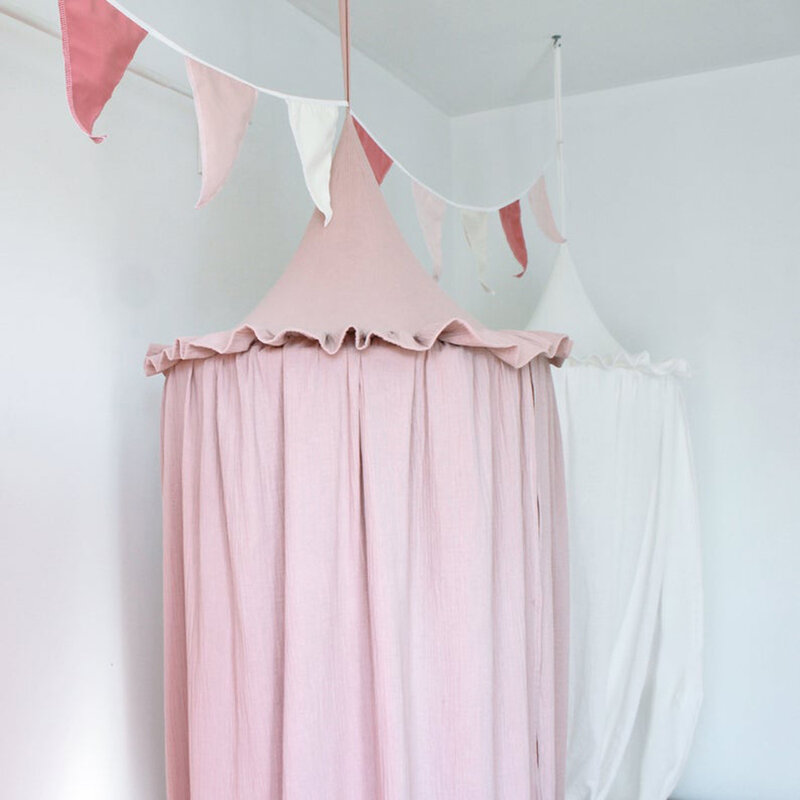 100% 프리미엄 Muslin Cotton Hanging Canopy with Frills 침대 Baldachin for Kids Room