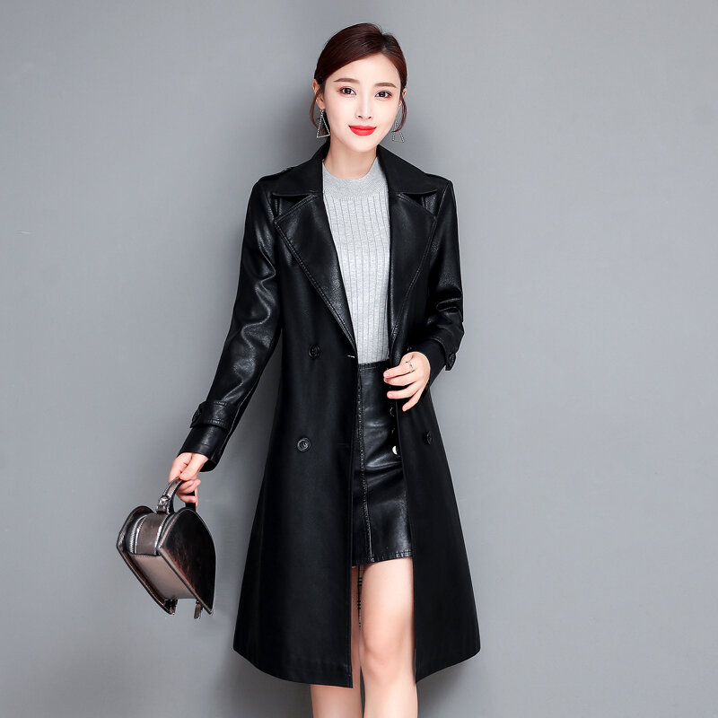 Jaket Panjang Kulit Domba Ukuran Plus Mantel Panjang Anti-angin Kulit Buatan Sabuk Ramping Wanita Musim Semi Baru Jaket Musim Gugur Mode Wanita