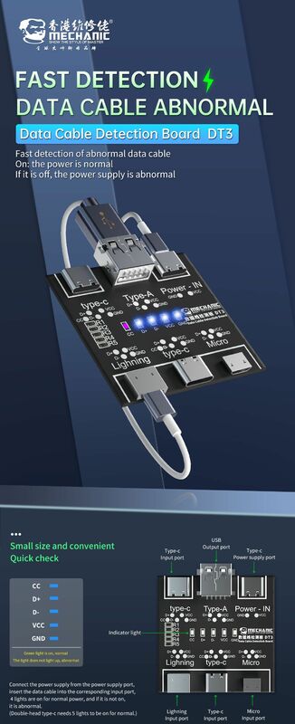 Placa de teste do interruptor dos dados do micro relâmpago do cabo de dados do tipo c para o iphone