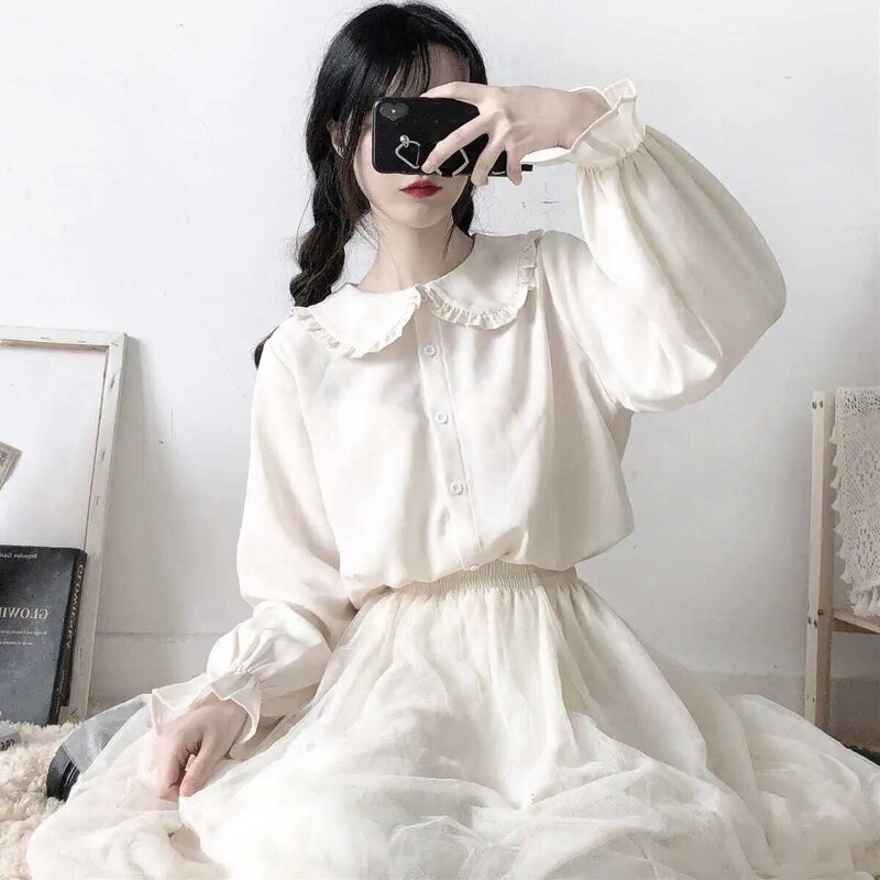 Японская Милая Белая рубашка в стиле Харадзюку, топы с оборками, блузка с длинным рукавом, милая Лолита, базовые рубашки на пуговицах, 100% хлопок