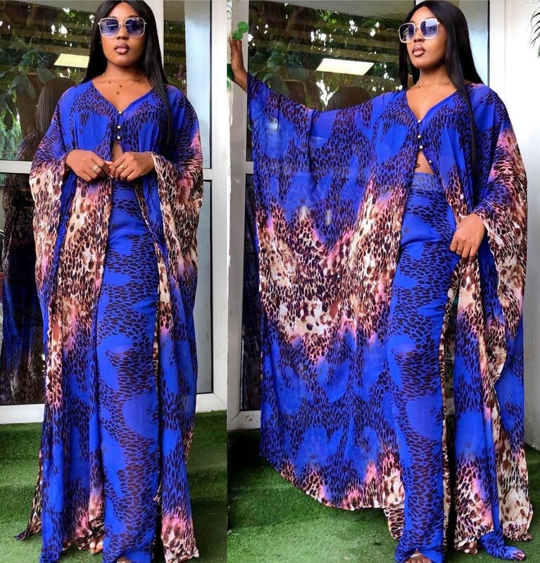 Африканская одежда для женщин, комплект из двух предметов с брюками, макси-платье, костюмы, вечерние платья 2021, Летние шифоновые наряды с леопардовым принтом Дашики