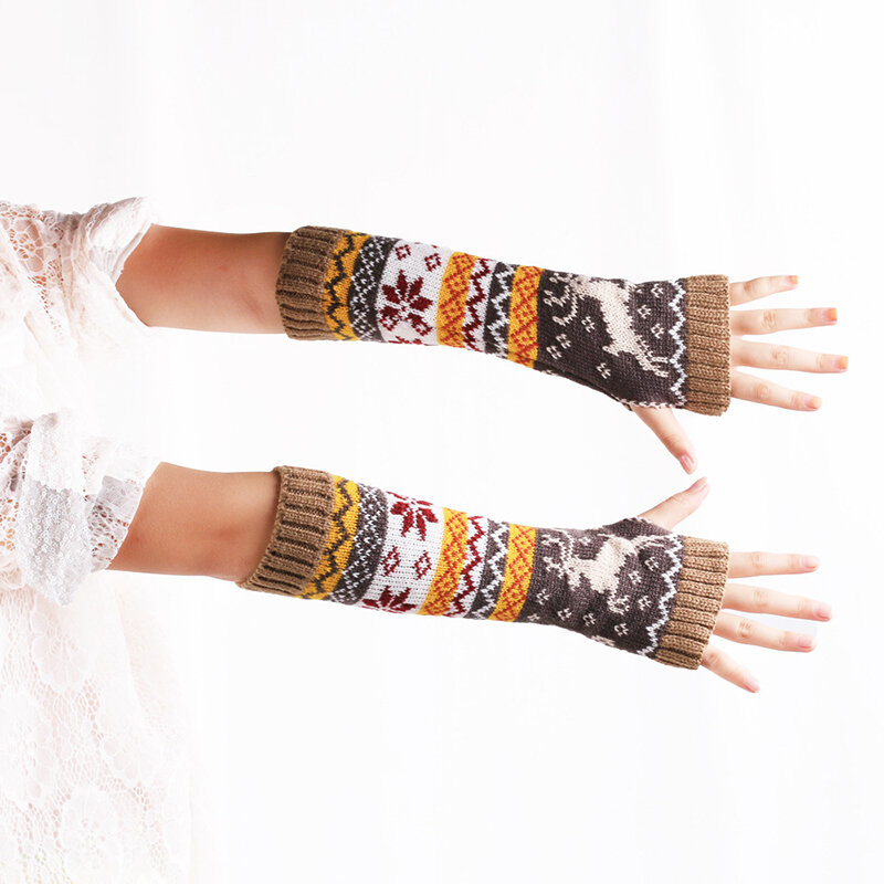 Moda damska ocieplacze na ręce zimowe rękawiczki bez palców dzianinowe rękawiczki 32cm długie rękawiczki Guantes Casual Deer/Snowflake na rękawiczki damskie