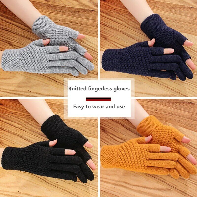 Winter Men's Gloves Female Warmth Office Thick Knitted Wool Two-finger Exposed Writing Games Playing Phone Fingerless Gloves