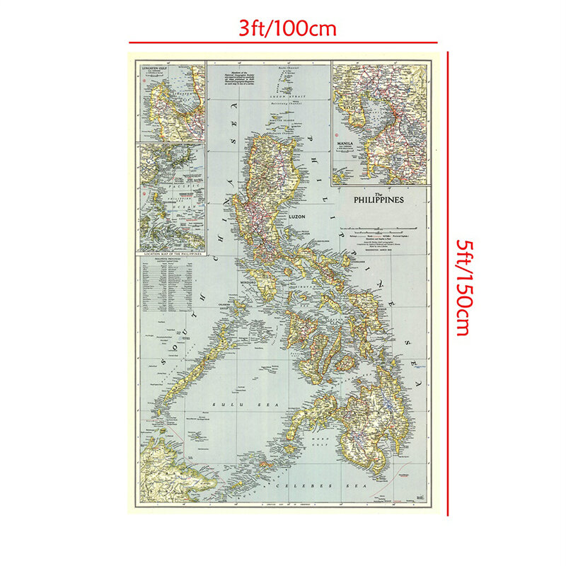 100x150cm World Map Philippines(1945) Retro Art Paper Painting Home Decor Wall Poster Student Stationery School Office Supplies